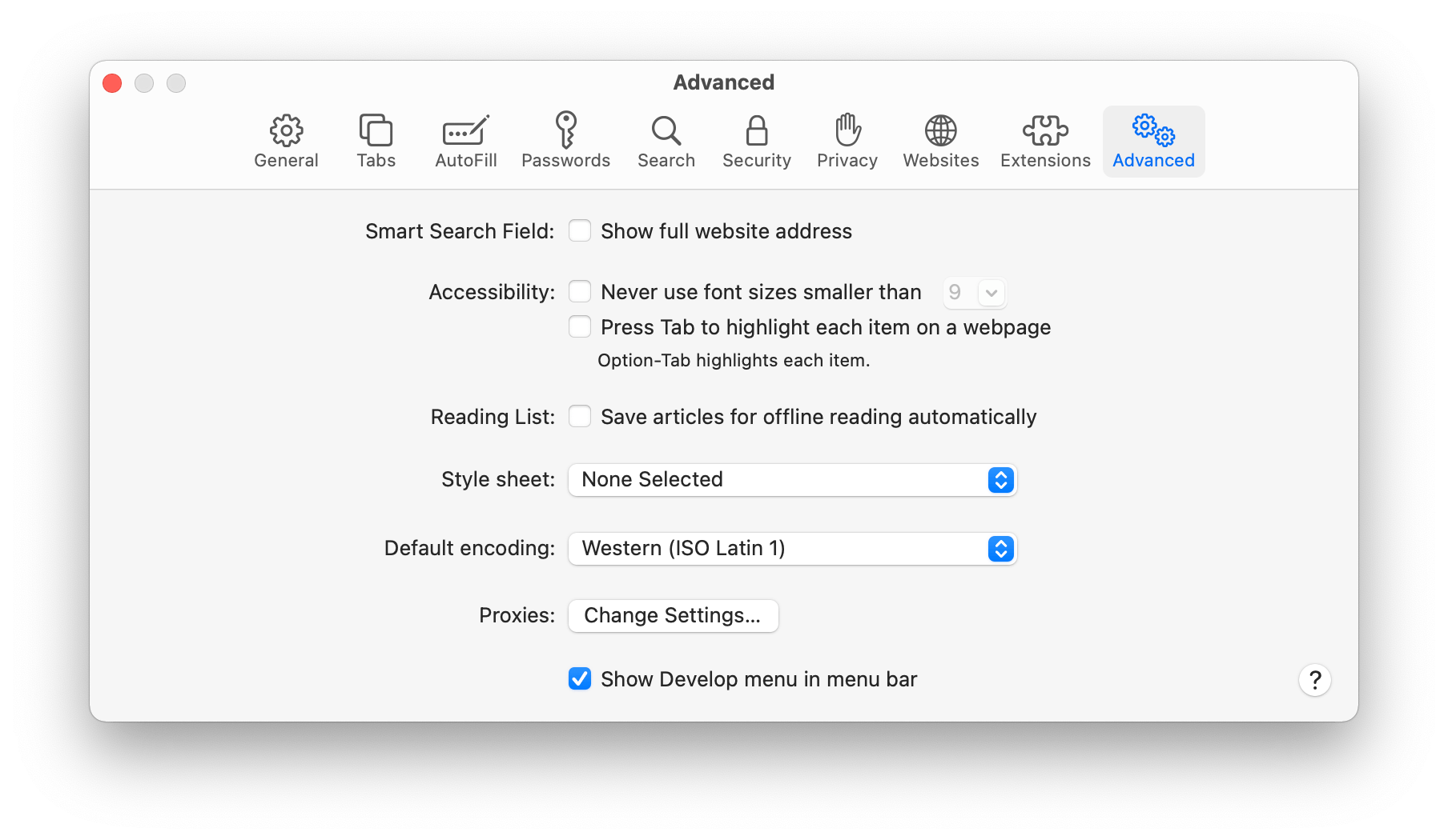 Safari's settings